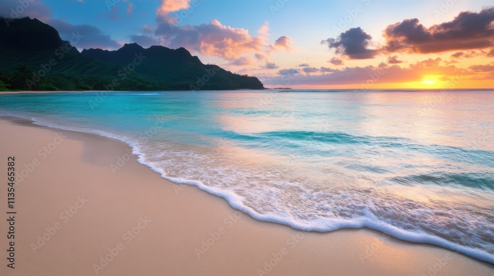 Tranquil sunset at a serene beach with gentle waves Tranquil sunset at a serene beach with gentle waves