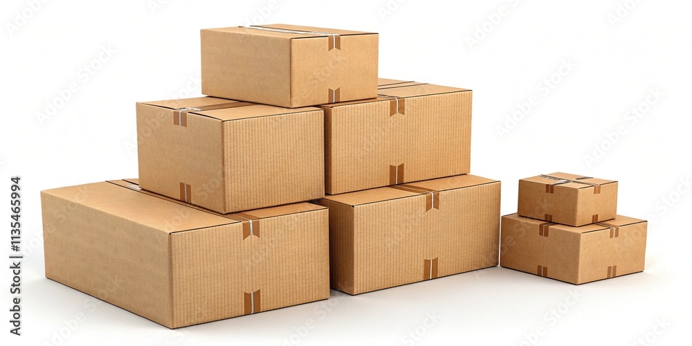 Fototapeta premium Stack of Cardboard Boxes in Various Sizes Isolated on White Background for Packaging and Shipping Concepts