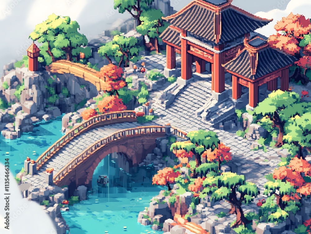 Obraz premium Pixel Art Asian Garden. Concept of Tranquility, Zen, and Asian Architecture.