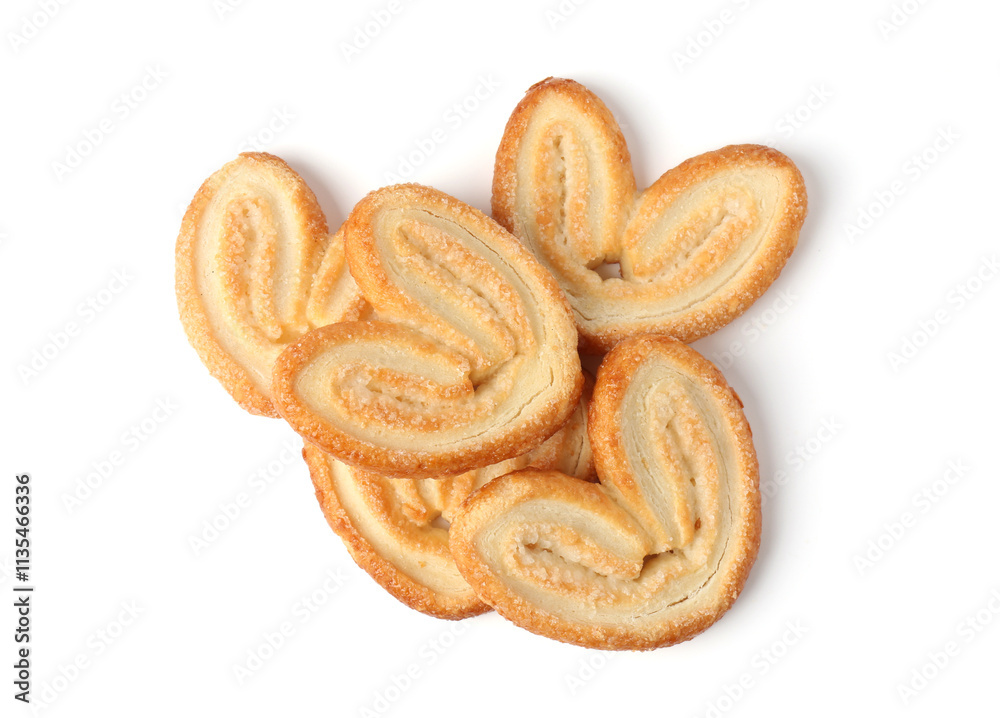 Tasty french palmier cookies isolated on white, top view Tasty french palmier cookies isolated on white, top view