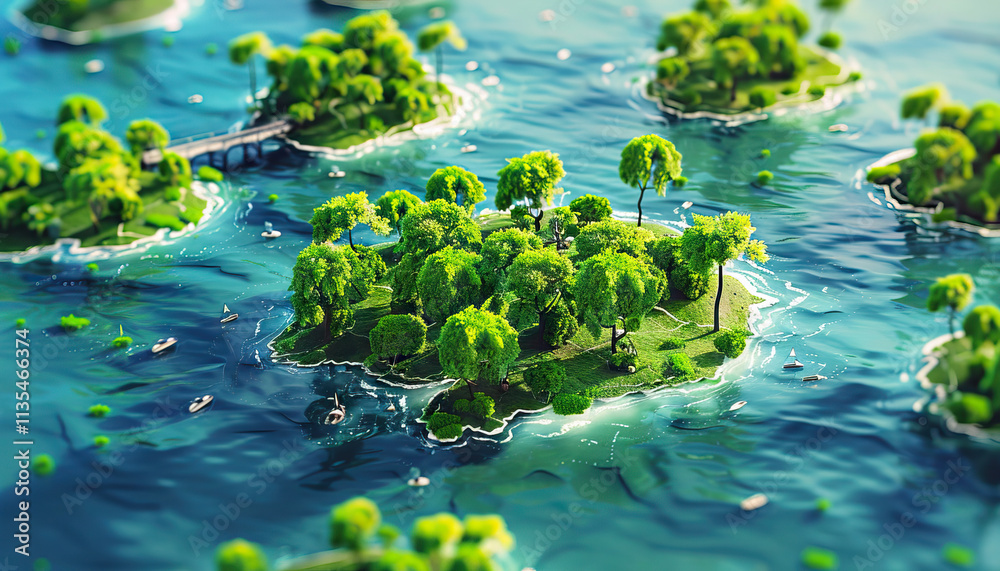 Aerial View of Multiple Forested Islands and Boats in Teal Water Aerial View of Multiple Forested Islands and Boats in Teal Water