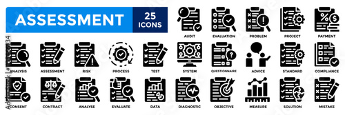 Assessment icon collection set. Containing audit, evaluation,risk, problem, project icon. Simple line solid vector illustration.	
