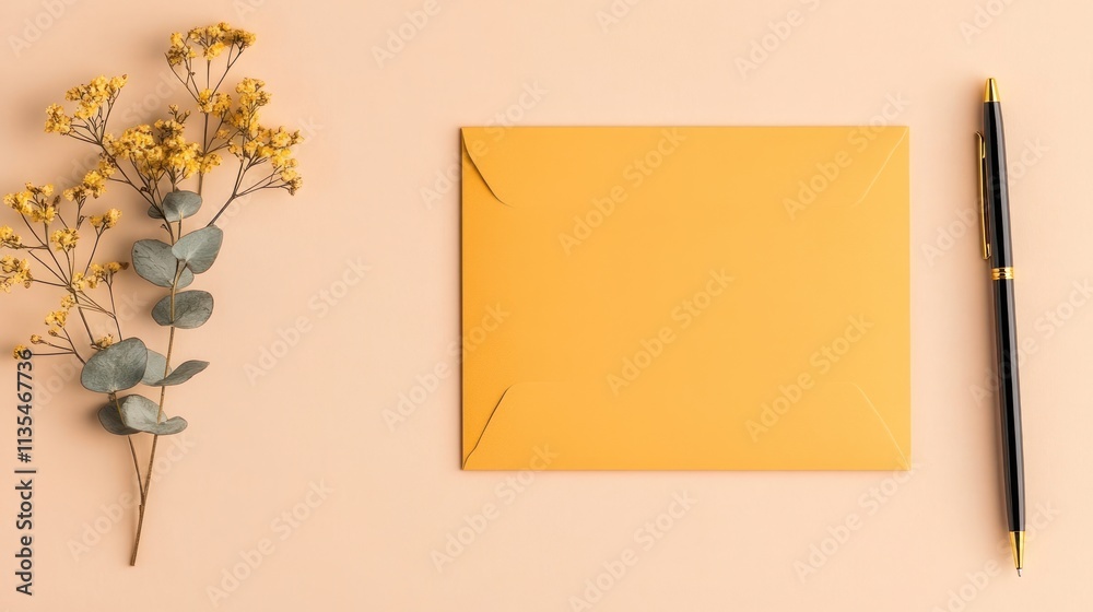 Vertical Business Stationery Set with Eucalyptus and Gold Pen on Pastel Grey Background Vertical Business Stationery Set with Eucalyptus and Gold Pen on Pastel Grey Background