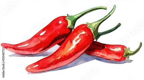 Three vibrant red chili peppers with green stems, arranged closely, showcasing their glossy texture and freshness. photo