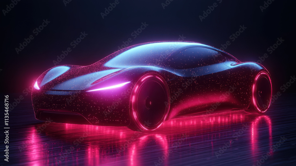 sleek electric autonomous car with neon pink highlights, glowing in futuristic dark setting sleek electric autonomous car with neon pink highlights, glowing in futuristic dark setting