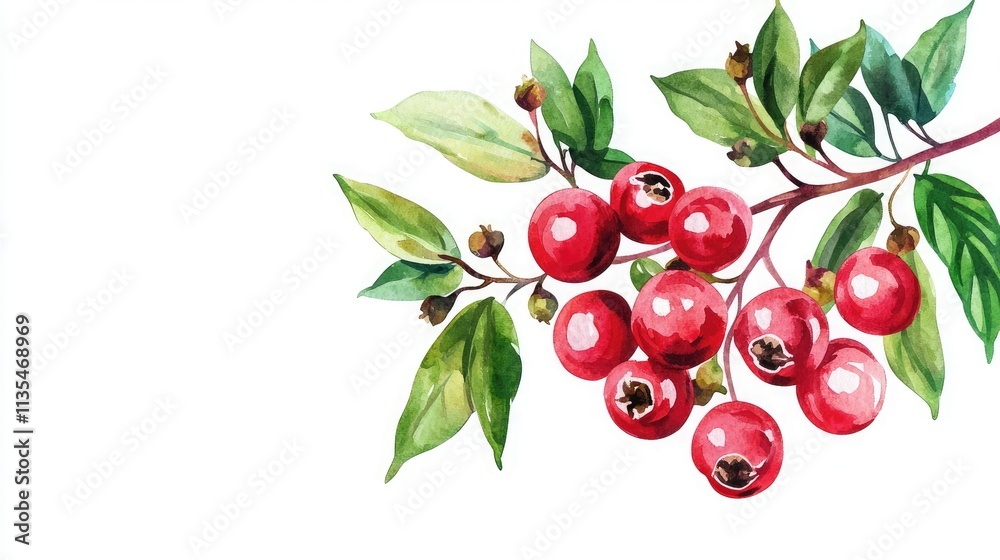 Obraz premium A vibrant branch of red berries with green leaves, beautifully illustrated against a white background, showcasing nature's bounty.