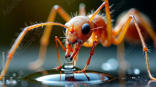 ant drinking water big close up photo