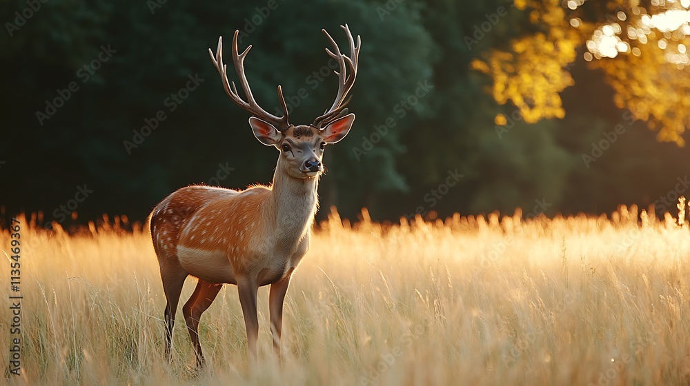 Sika Deer in Golden Field. Wildlife, Nature, Animal