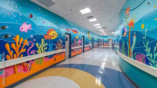 Vibrant Underwater Mural Adorns Pediatric Hospital Corridor Walls