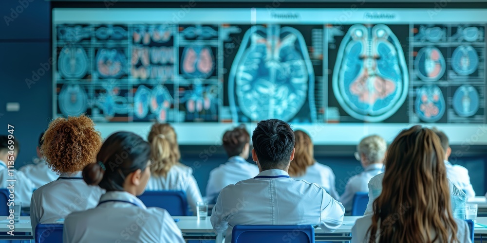 Medical students and professionals attending a radiology lecture focused on brain imaging techniques and neurological conditions in a modern educational setting