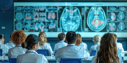 Obraz na płótnie Medical students and professionals attending a radiology lecture focused on brain imaging techniques and neurological conditions in a modern educational setting w salonie