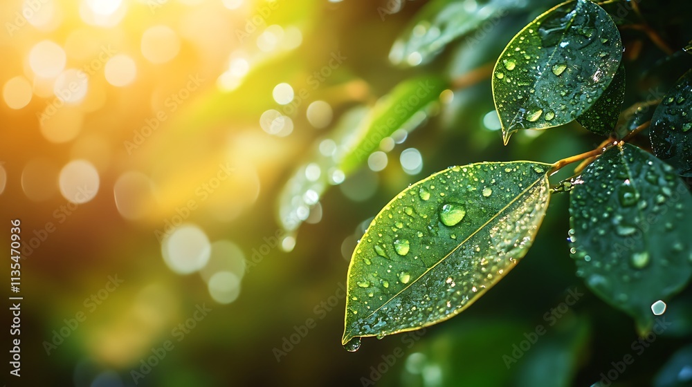 Dewy leaves in sunlight. Concept of nature, freshness, and growth. Dewy leaves in sunlight. Concept of nature, freshness, and growth.