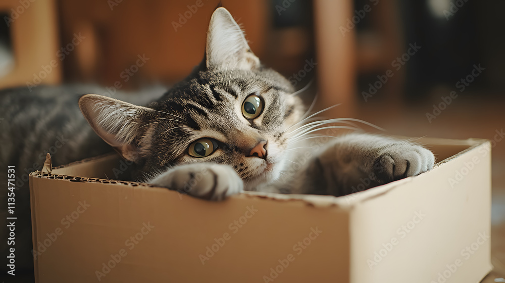 Cute grey tabby cat in a cardboard box at home Cute grey tabby cat in a cardboard box at home