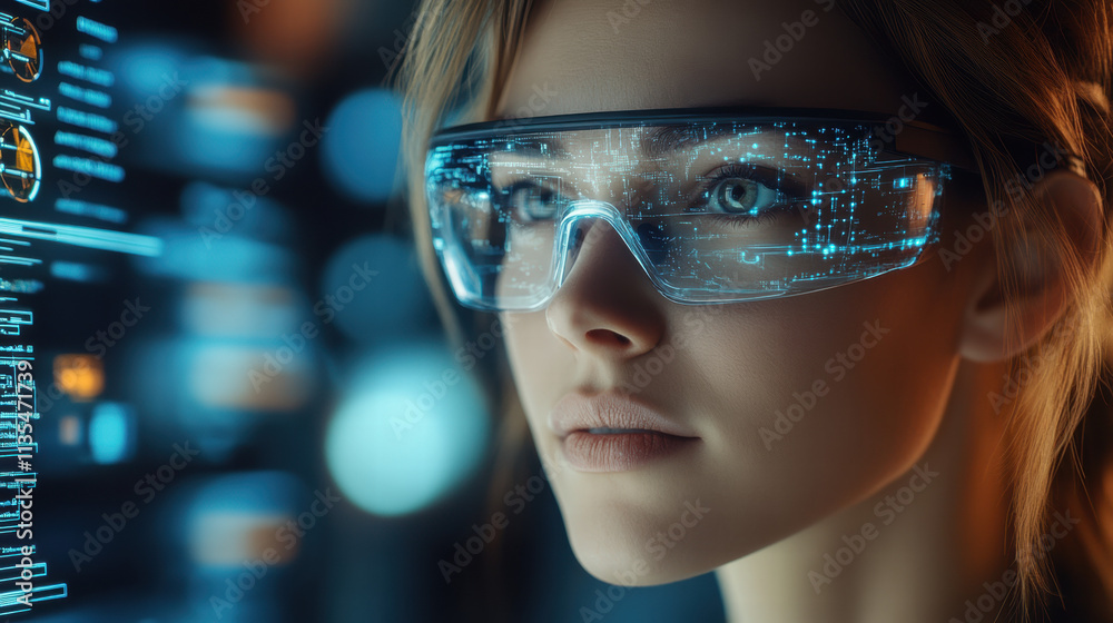 Close-up of a woman wearing futuristic augmented reality glasses while looking at digital data on a virtual screen Close-up of a woman wearing futuristic augmented reality glasses while looking at digital data on a virtual screen
