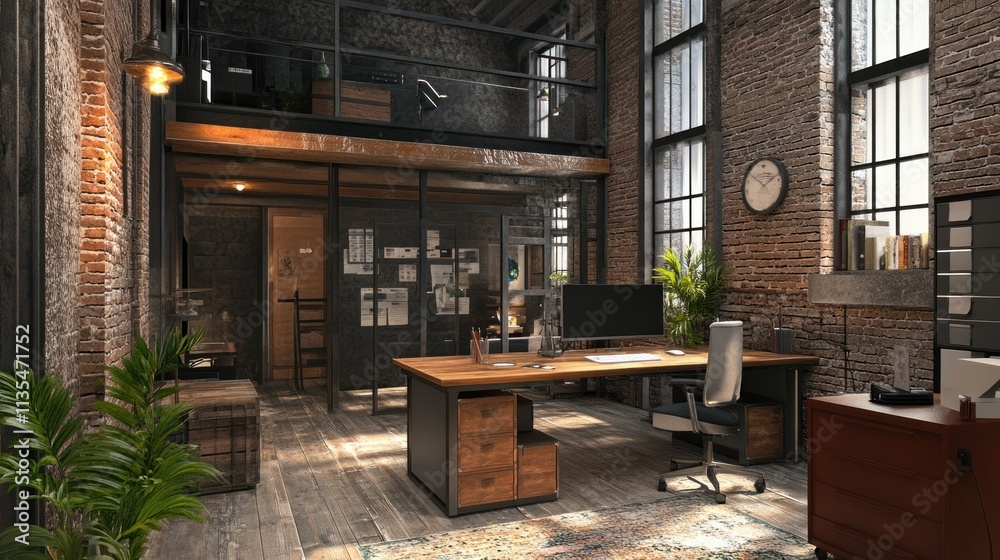 Industrial Loft Office Workspace: A Modern Design with Exposed Brick and Metal