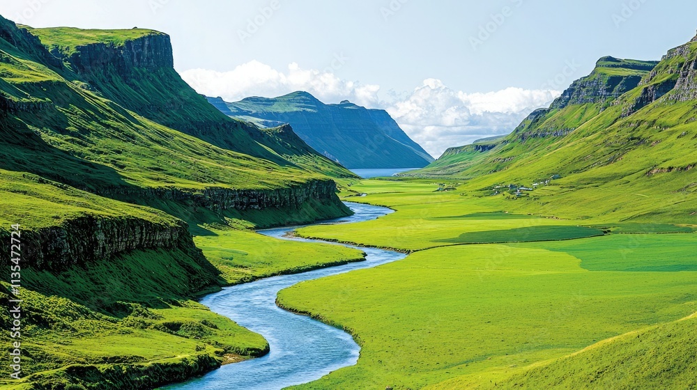 A vibrant landscape featuring a winding river surrounded by lush green hills and distant mountains under a clear blue sky. A vibrant landscape featuring a winding river surrounded by lush green hills and distant mountains under a clear blue sky.
