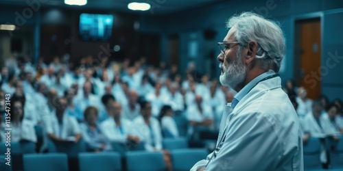 A seasoned healthcare professional delivers a compelling lecture to an attentive audience during an important medical conference in a modern lecture hall