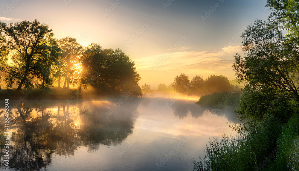 Fototapeta premium A serene river meanders through a misty forest, bathed in the soft glow of sunrise