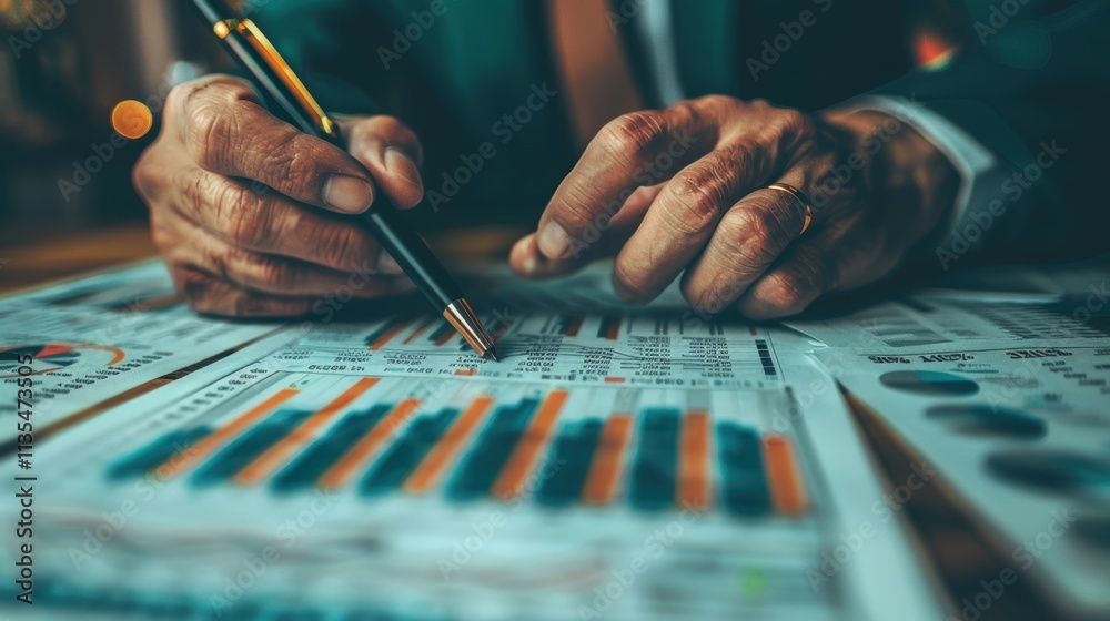 Hands analyzing financial charts and graphs with a pen in an office setting, focusing on detailed data review and decision-making processes for business strategies Hands analyzing financial charts and graphs with a pen in an office setting, focusing on detailed data review and decision-making processes for business strategies