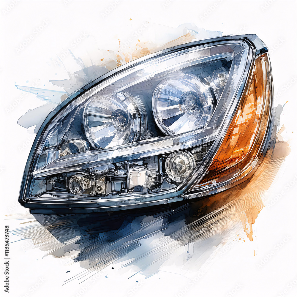 A modern car headlight with a complex lens and multiple light sources, rendered in a dynamic style with watercolor splashes A modern car headlight with a complex lens and multiple light sources, rendered in a dynamic style with watercolor splashes
