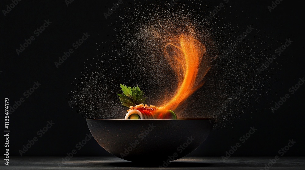 Sushi roll in bowl with spice burst. Sushi roll in bowl with spice burst.