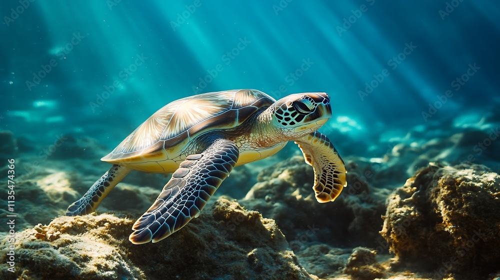 Fototapeta premium Sea Turtle Underwater. Ocean Wildlife, Marine Life, Conservation.