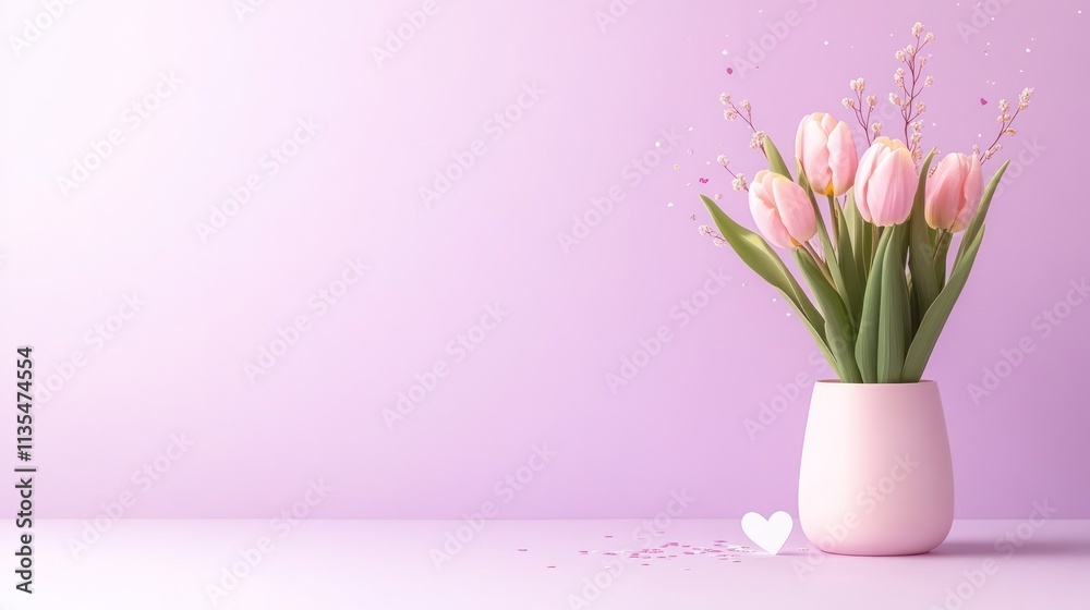 Cappuccino and Tulips: A Classy Mother's Day Composition with Love Note, Hearts, and Confetti on Lilac Background for Advertisements
