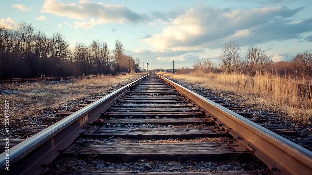 Fototapeta premium Empty Railroad Tracks Extending into the Horizon. Concept of Journey, Destination, and Freedom.