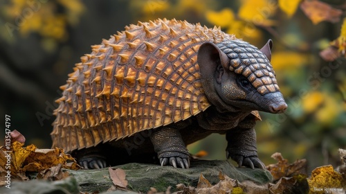 A detailed and vibrant image of a spiky, armored armadillo standing on a rock surrounded by autumn leaves in a natural habitat photo