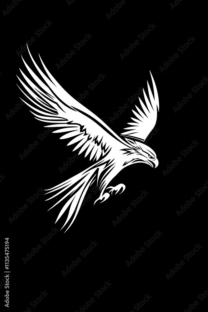 Obraz premium Stylized Hawk in Flight, Monochrome Illustration