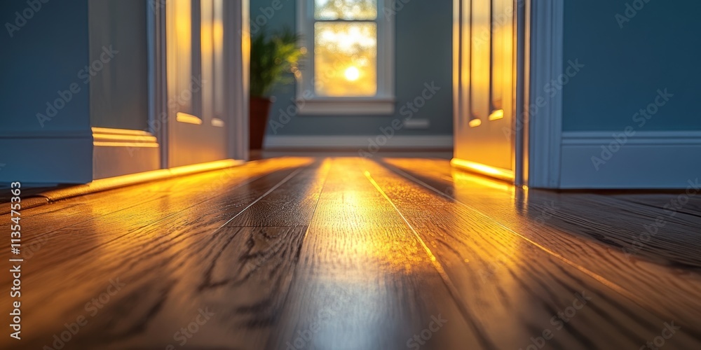 Sunlight streams through a window and casts a warm, golden glow on the polished wooden floor of a hallway, creating a serene and inviting atmosphere within the home Sunlight streams through a window and casts a warm, golden glow on the polished wooden floor of a hallway, creating a serene and inviting atmosphere within the home