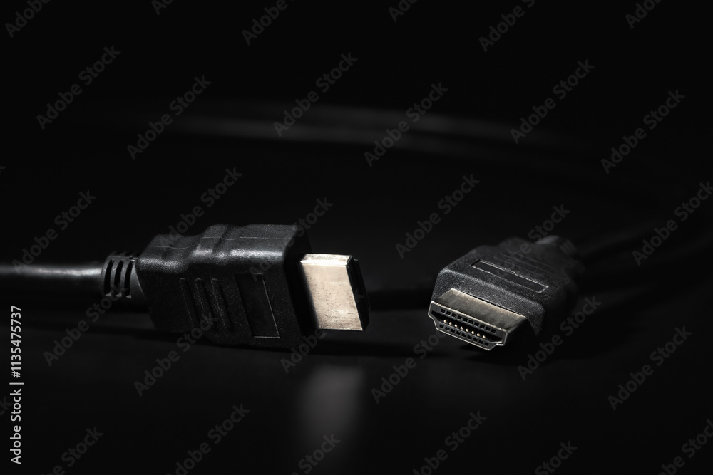 Old HDMI cable on black. Connection equipment technology.
Old HDMI cable on black. Connection equipment technology.