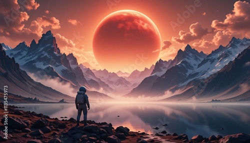 Spaceman standing alone at lake on nameless planet