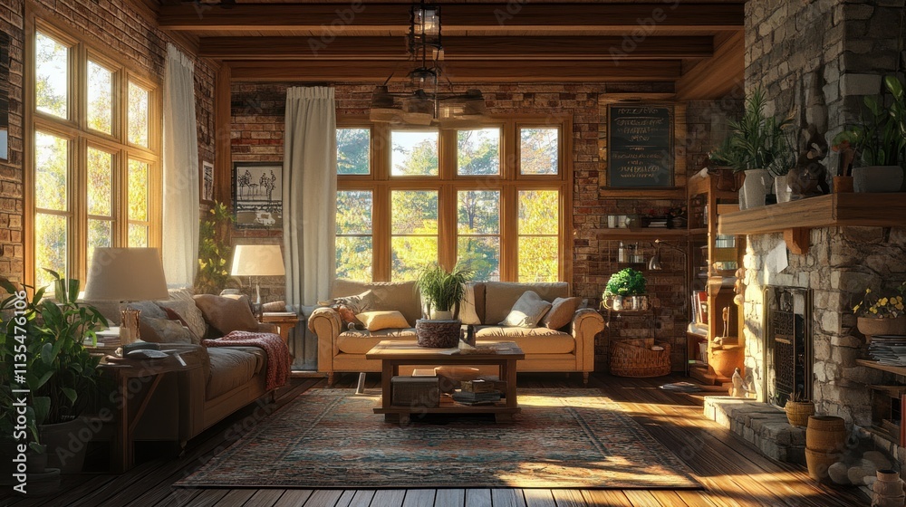 Cozy Rustic Living Room with Warm Sunlight Streaming Through Large Windows Cozy Rustic Living Room with Warm Sunlight Streaming Through Large Windows