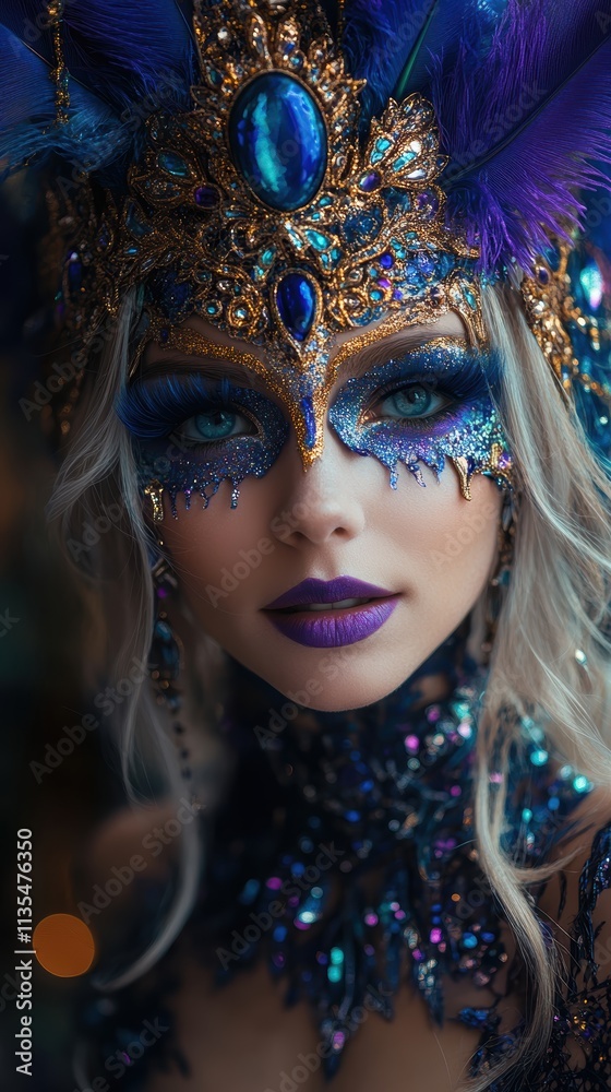 A mesmerizing portrait of a person wearing an intricately detailed and vibrant masquerade costume featuring ornate beads, feathers, and bold makeup. A mesmerizing portrait of a person wearing an intricately detailed and vibrant masquerade costume featuring ornate beads, feathers, and bold makeup.
