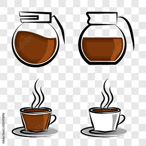 set with coffee beans, cups of coffee,, coffee pot, coffee maker. Eps 10