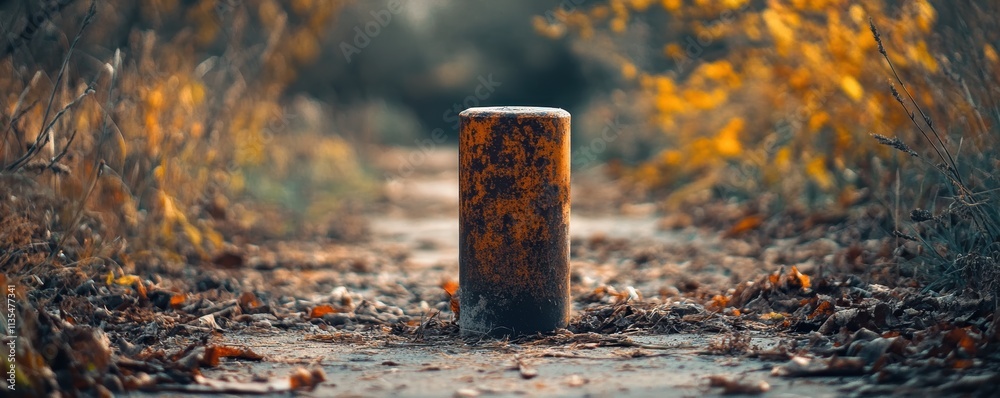Obraz premium A weathered, rusted bollard stands solitary on a narrow, leaf-strewn path bordered by vibrant autumn foliage, capturing the essence of change and passage in an outdoor setting.