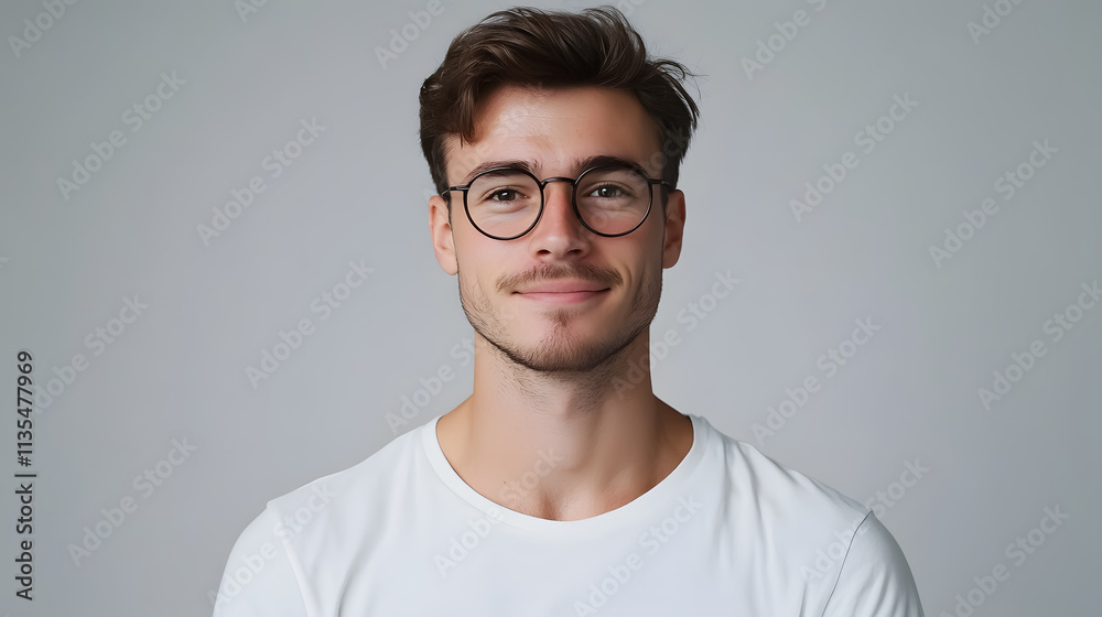 A daylight portrait of a young, handsome Caucasian man in a white t-shirt and round glasses, smiling at the camera. A daylight portrait of a young, handsome Caucasian man in a white t-shirt and round glasses, smiling at the camera.
