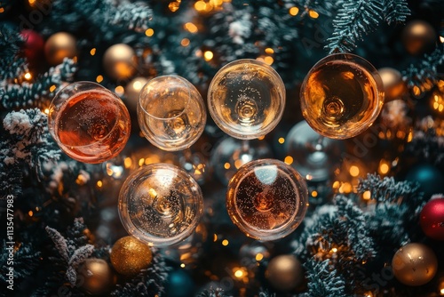 A festive and elegant display of six sparkling glasses arranged against a background of Christmas lights and decorations symbolizing celebration and joy. photo