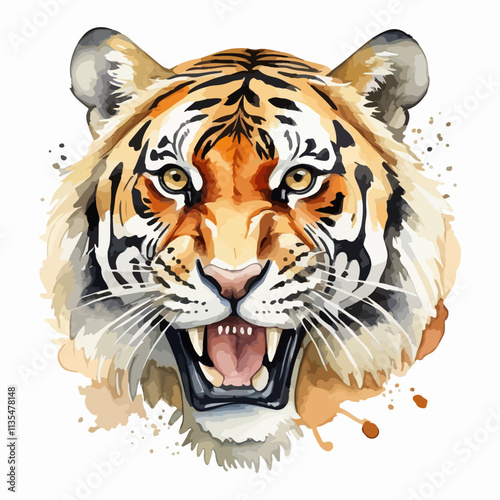 Hand drawn watercolor painting of a tiger portrait isolated on white background. Wild animals collection vector illustration