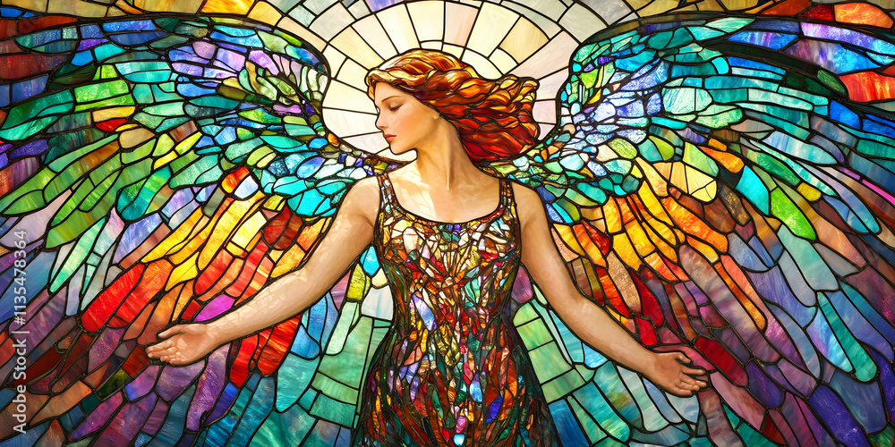 Fototapeta premium angel stained glass window, ai generated.