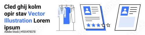 Documents with profile photos and star ratings alongside a clothing rack with professional attire. Ideal for job search, resume review, professional attire, interviews, HR processes, career guidance
