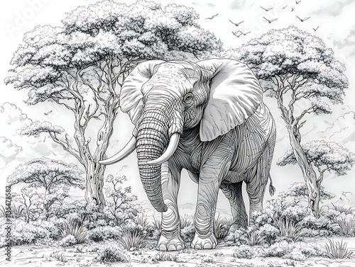 Elephant line drawing artistic detailed black white creative coloring illustration photo