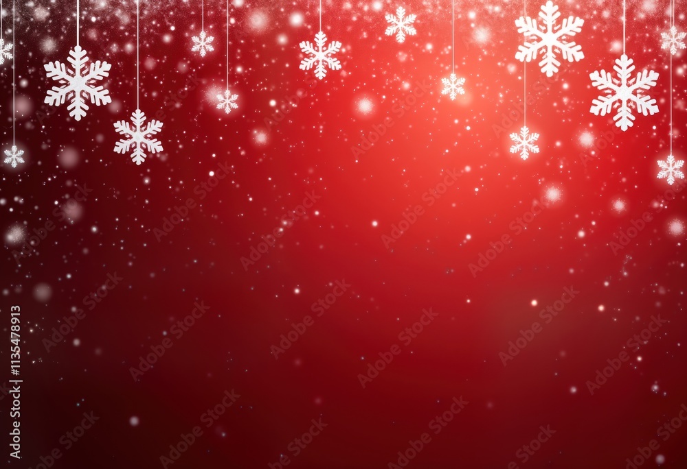 Red background with snowflakes. White snowflakes hang from top of image. Christmas theme. Holiday backdrop. Many small snowflakes fall. Design with a festive look. Red background with snowflakes. White snowflakes hang from top of image. Christmas theme. Holiday backdrop. Many small snowflakes fall. Design with a festive look.