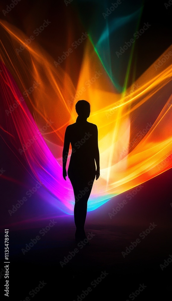 Artistic light patterns casting shadows on a silhouetted figure in a dimly lit space. Artistic light patterns casting shadows on a silhouetted figure in a dimly lit space.