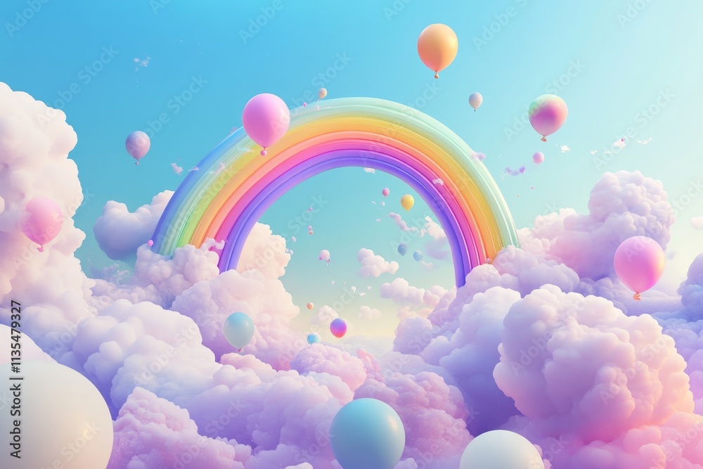 Abstract 3d rainbow with clouds and colorful balloons in a generative ai illustration Abstract 3d rainbow with clouds and colorful balloons in a generative ai illustration