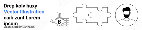 Bitcoin symbol and circuit, two interlocking puzzle pieces, and male avatar outline. Ideal for cryptocurrency, blockchain, finance, teamwork, technology, identity, and business themes. Landing page