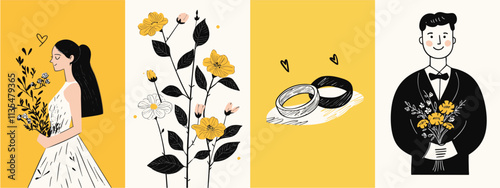 Hand drawn whimsical style wedding day illustrations. simple graphics for a beautiful bride and groom marriage invitation cards
