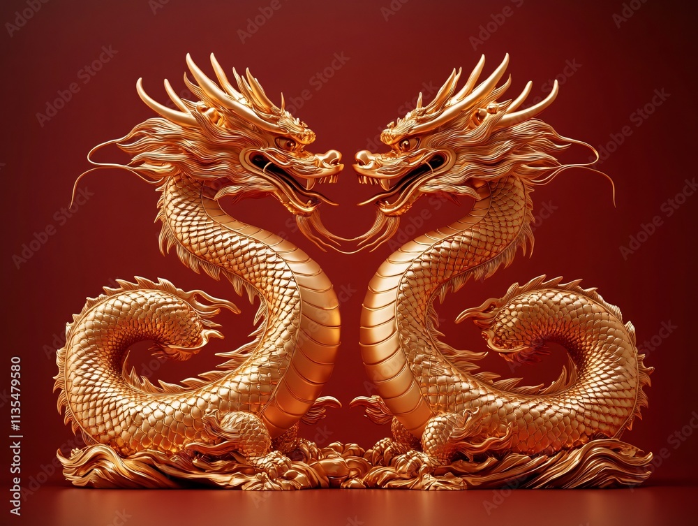 Fototapeta premium Fierce golden dragons entwined in a dynamic pose, perfect for Chinese New Year celebrations, cultural events, or luxury branding with a mystical atmosphere.