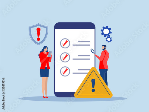 Businessman Analyst with checklist and caution signs,Risk assessment and management, identifying potential risks and mitigation strategies, ensuring project security concept vector illustration